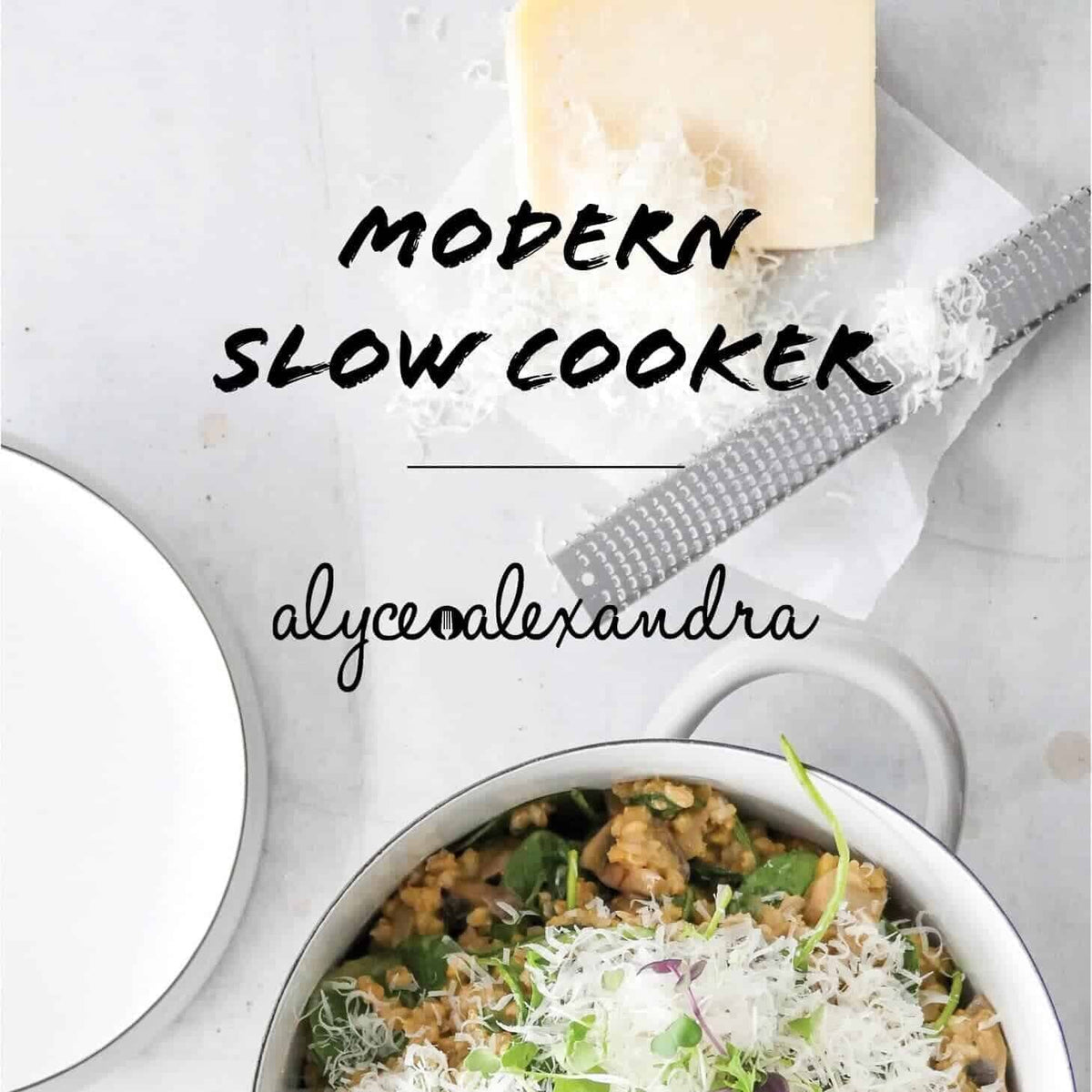 Modern Slow Cooker title card beside a bowl of slow cooked rice and greens