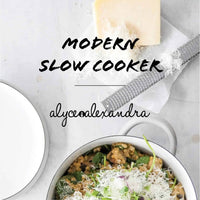 Modern Slow Cooker title card beside a bowl of slow cooked rice and greens