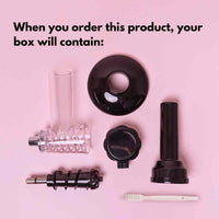 What comes in the box with the Soft-Serve Ice Cream attachment: the feed tube, the housing, the nozzle, the auger and the cleaning brush