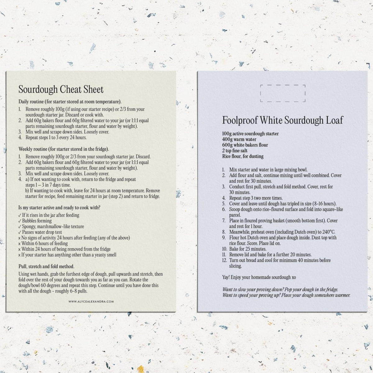 The Sourdough Cheat Sheet Magnet, a two-panel reference sheet with the sourdough cheat sheet on one side and the Foolproof White Sourdough Loaf recipe on the other