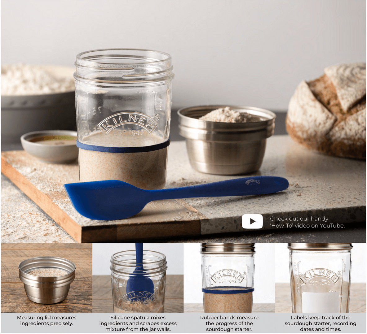 What the Kilner Sourdough Starter Kit includes: a measuring lid to measure ingredients precisely, a silicone spatula to mix ingredients and scrape mixture from the jar walls, rubber bands to measure the progress of the sourdough starter, and labels to keep track of dates and times