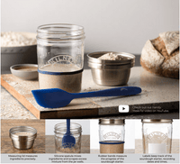 What the Kilner Sourdough Starter Kit includes: a measuring lid to measure ingredients precisely, a silicone spatula to mix ingredients and scrape mixture from the jar walls, rubber bands to measure the progress of the sourdough starter, and labels to keep track of dates and times