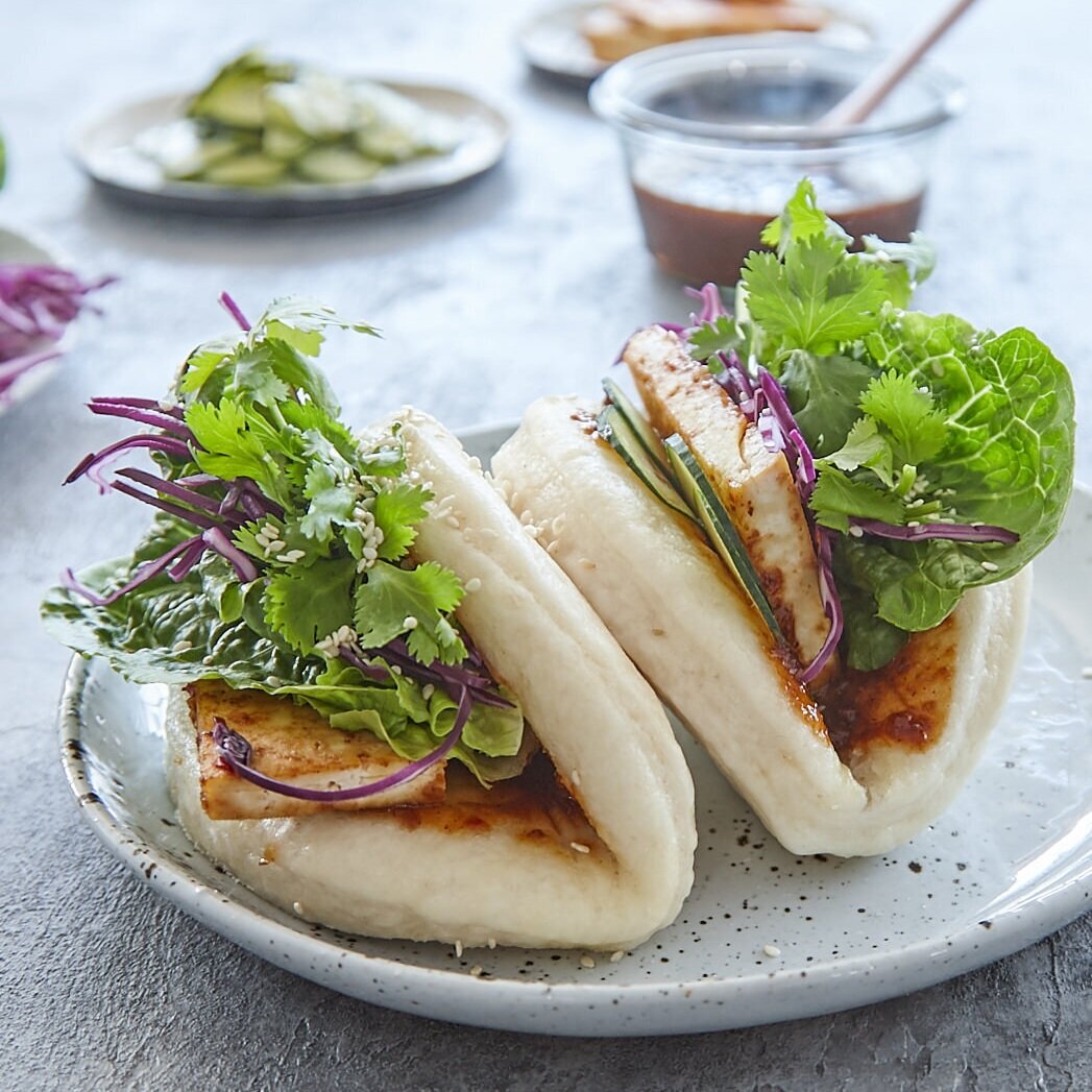Steamed bao buns filled with pickled vegetables and greens, made using the Starter Kit