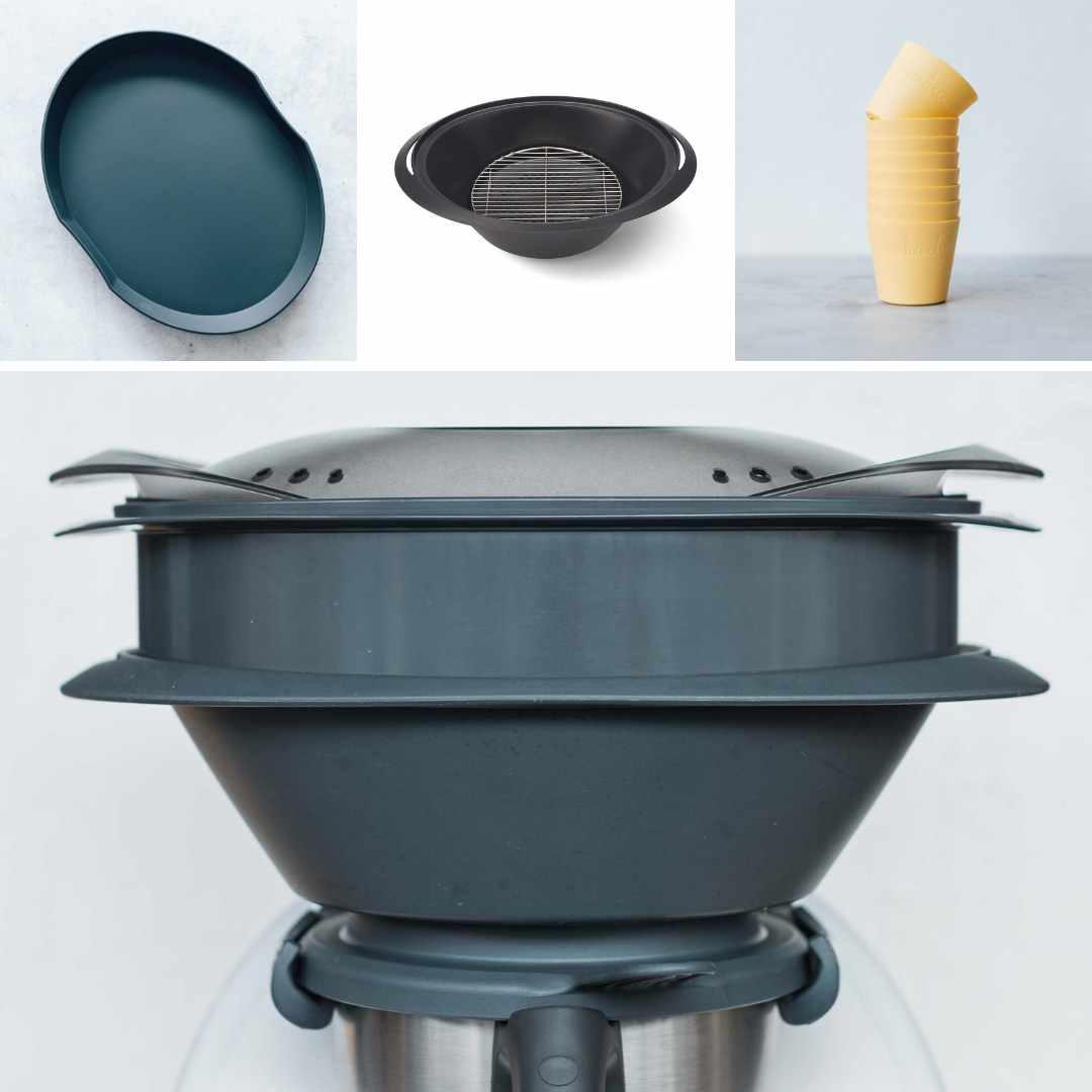 Everything in the Steaming Pack for Thermomix owners: the silicone steaming mat, the MaxiSteam Varoma extender and the silicone cups, shown with the Varoma stacked on a Thermomix
