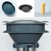 Everything in the Steaming Pack for Thermomix owners: the silicone steaming mat, the MaxiSteam Varoma extender and the silicone cups, shown with the Varoma stacked on a Thermomix