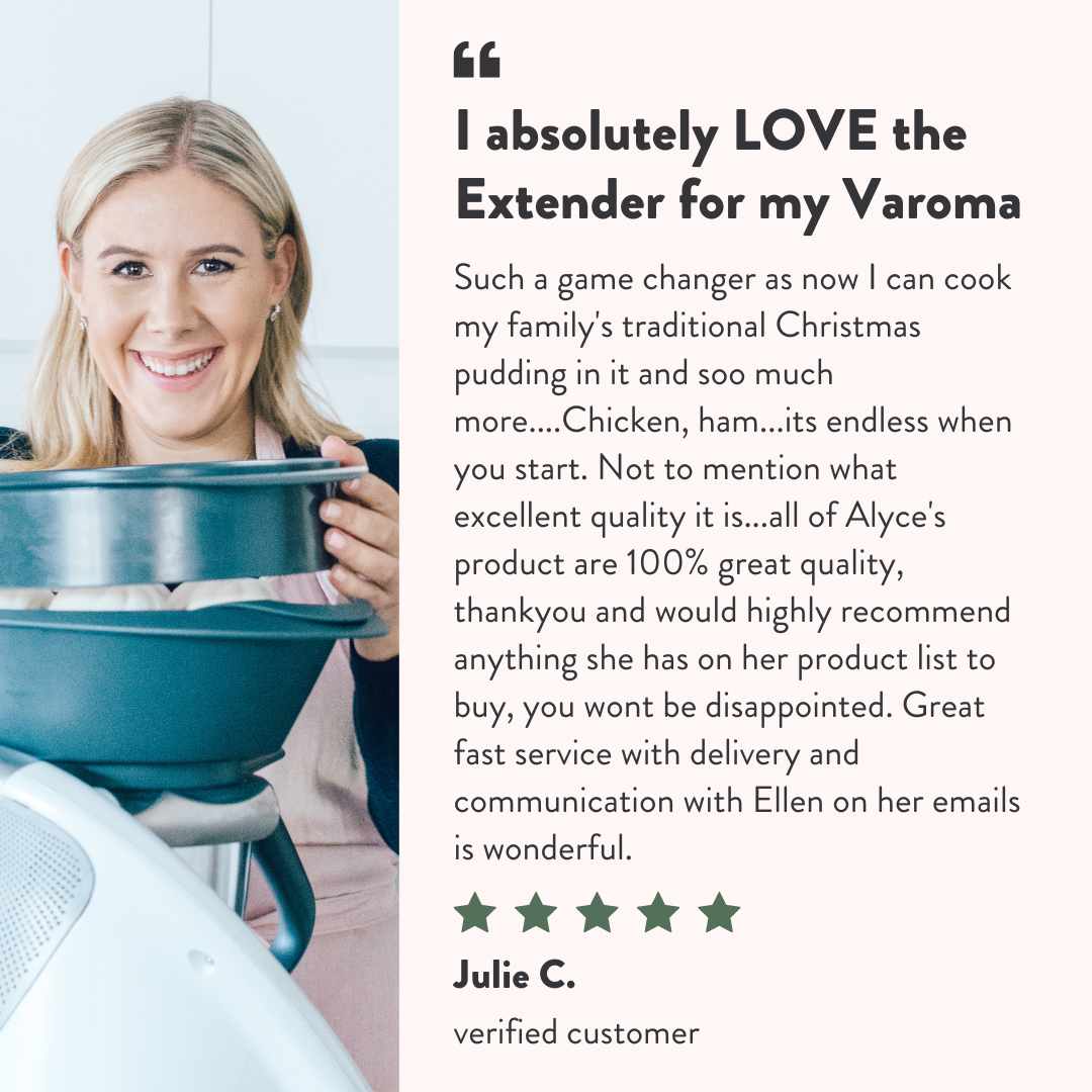 Five-star customer review from Julie C: I absolutely love the Extender for my Varoma, such a game changer as now I can cook my family's traditional Christmas pudding in it, and the uses are endless