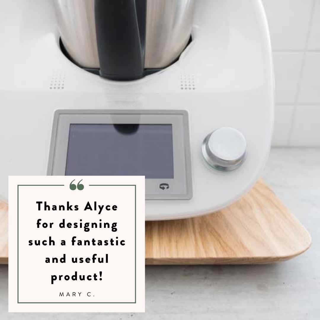Thermomix on the Thermo Deluxe Slide Board with a customer message from Mary C: thanks Alyce for designing such a fantastic and useful product