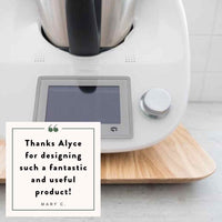Thermomix on the Thermo Deluxe Slide Board with a customer message from Mary C: thanks Alyce for designing such a fantastic and useful product