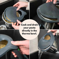 Four-step sequence showing how to cook and drain your pasta directly in the thermo bowl using the Thermo Lid Strainer