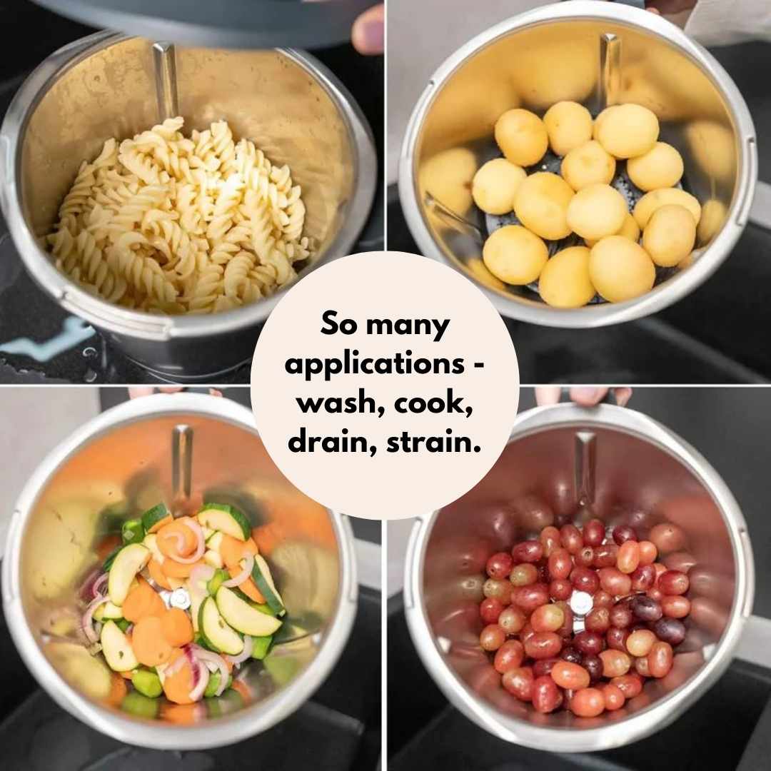 So many applications for the Thermo Lid Strainer: wash, cook, drain and strain, shown with pasta, potatoes, vegetables and tomatoes