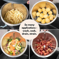 So many applications for the Thermo Lid Strainer: wash, cook, drain and strain, shown with pasta, potatoes, vegetables and tomatoes