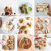 Grid of vegan dishes from Thermo Plant-Based including cinnamon scrolls, tacos, toasted sandwiches, tarts and a chilli bowl