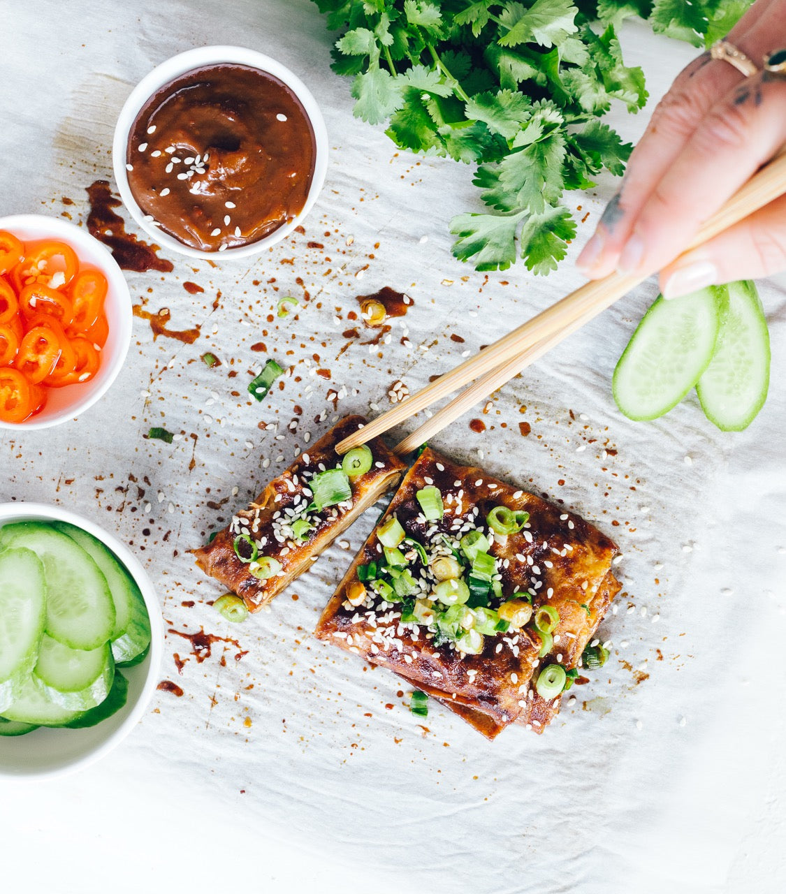 Vegan pancake stack with cucumber, sesame and hoisin served with chopsticks, from Thermo Plant-Based