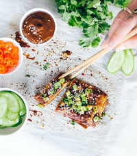 Vegan pancake stack with cucumber, sesame and hoisin served with chopsticks, from Thermo Plant-Based