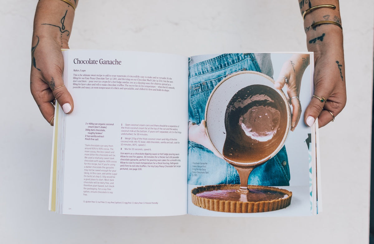 Hands holding Thermo Plant-Based open at the Chocolate Ganache recipe
