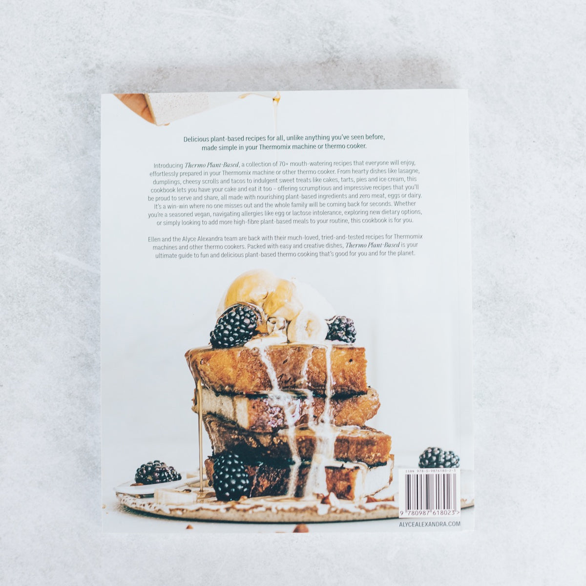 Thermo Plant-Based open at a recipe page beside a stack of pancakes with berries