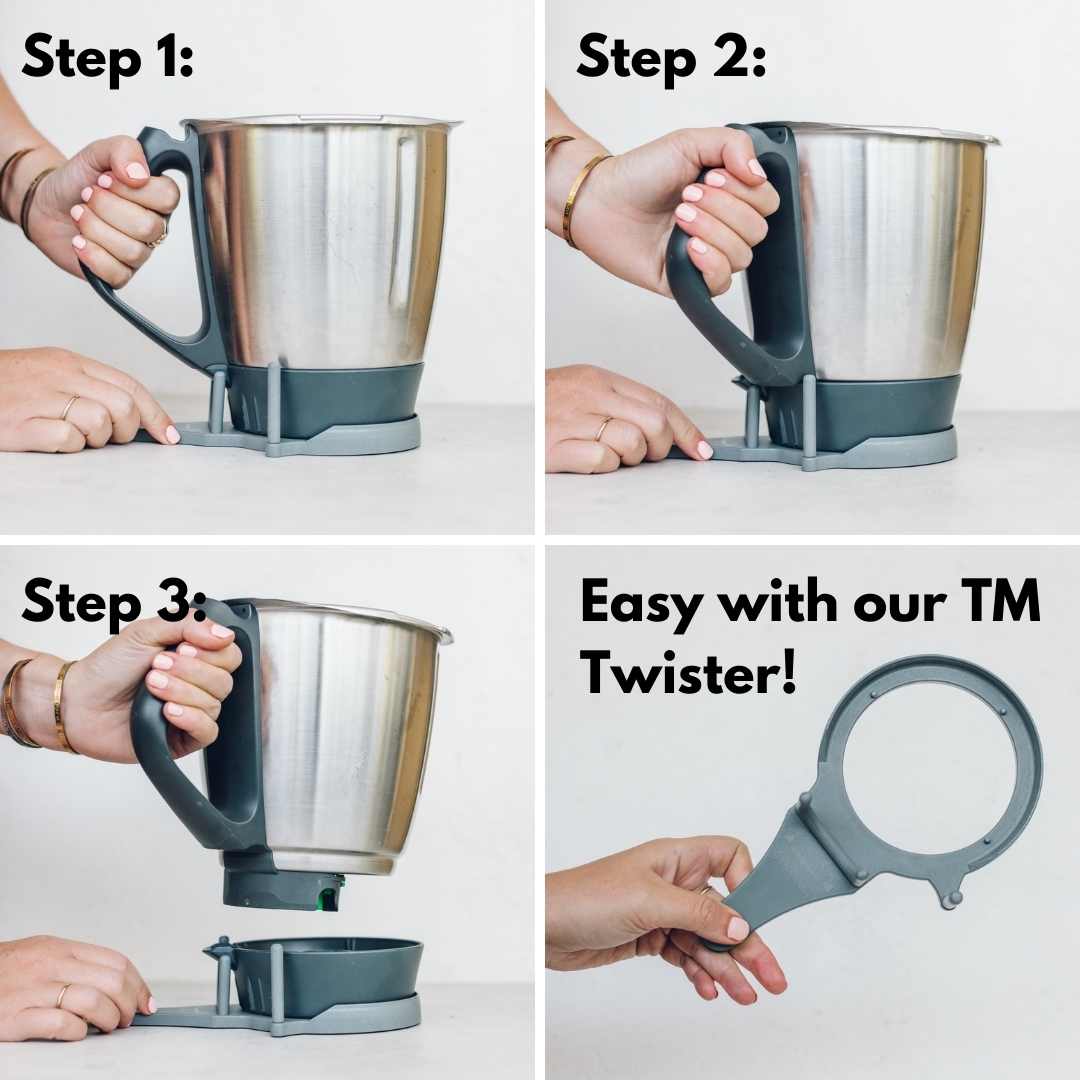 Three-step sequence showing how to loosen and remove the Thermomix bowl base, made easy with the TM Twister