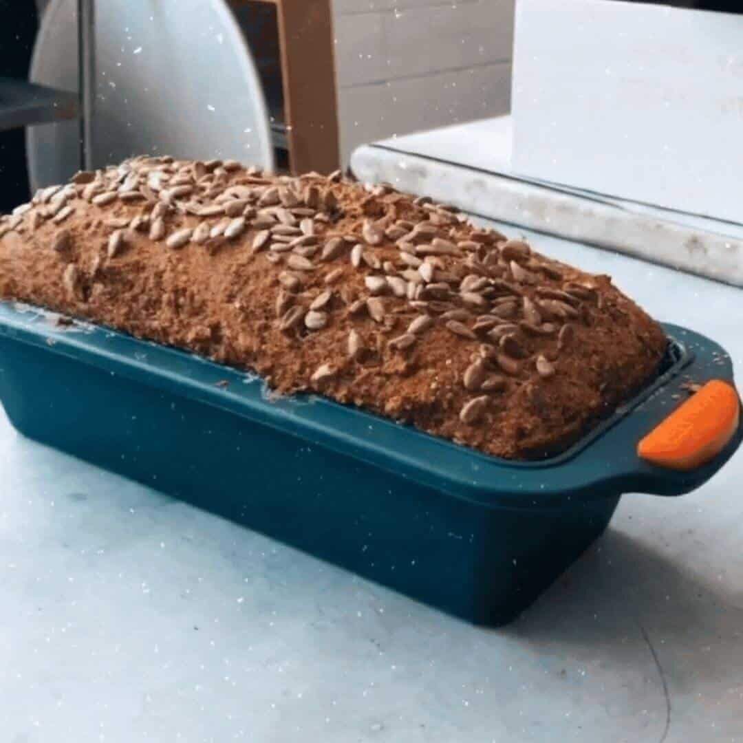 Gluten free bread loaf in a loaf pan