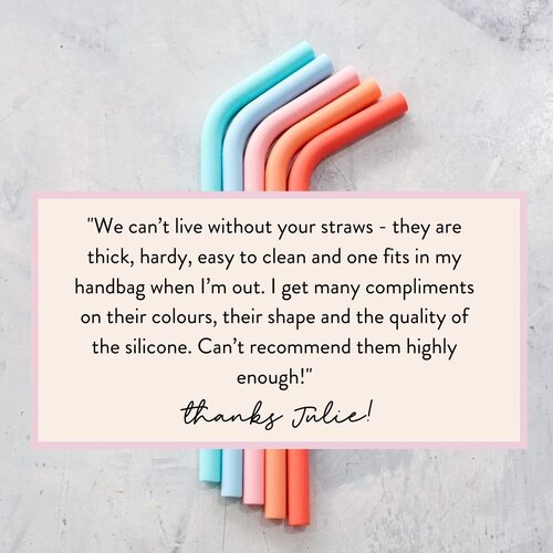 Wide Reusable Silicone Straws with a customer review from Julie: we can't live without your straws, they are thick, hardy, easy to clean and one fits in my handbag when I'm out, I get many compliments on their colours, their shape and the quality of the silicone