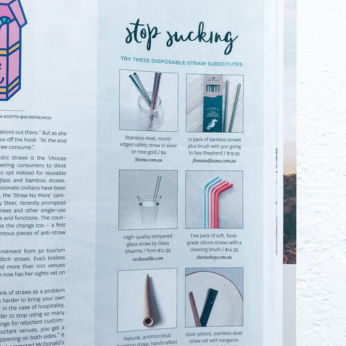 Magazine feature titled Stop Sucking showing reusable straw alternatives in stainless steel, glass, silicone and bamboo