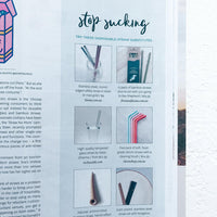 Magazine feature titled Stop Sucking showing reusable straw alternatives in stainless steel, glass, silicone and bamboo