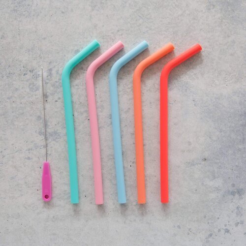 Five Wide Reusable Silicone Straws in mixed colours with the cleaning brush alongside