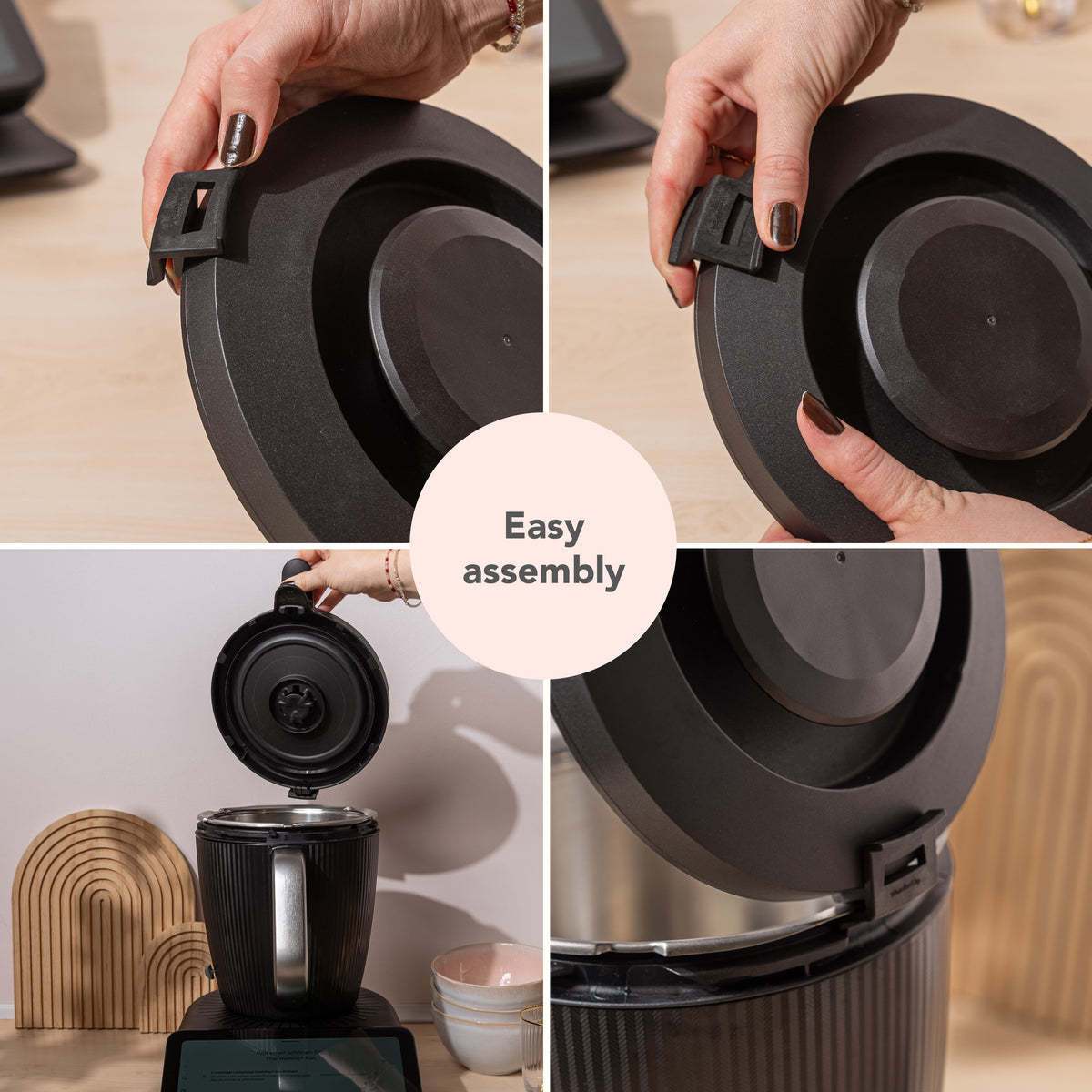 Easy assembly: twisting the WunderClip onto the TM7 lid and hooking it onto the mixing bowl