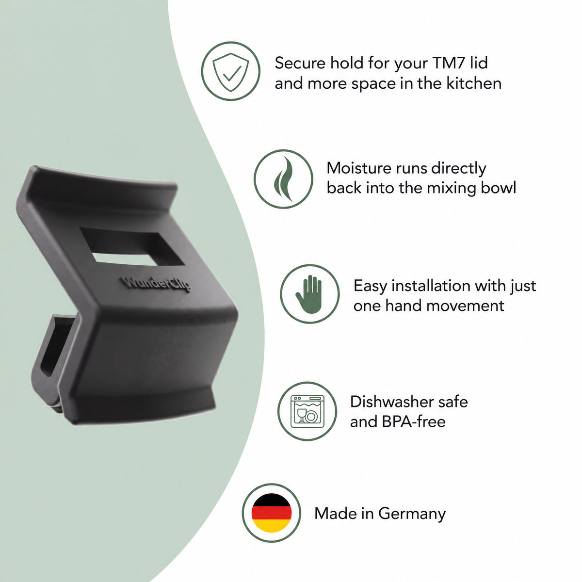 WunderClip for TM7 features: secure lid hold, drips back into the bowl, one-movement install, dishwasher safe, BPA-free, made in Germany