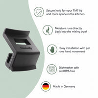WunderClip for TM7 features: secure lid hold, drips back into the bowl, one-movement install, dishwasher safe, BPA-free, made in Germany