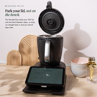 Designed for TM7: park your lid, not on the bench. The WunderClip holds the TM7 lid upright on the bowl
